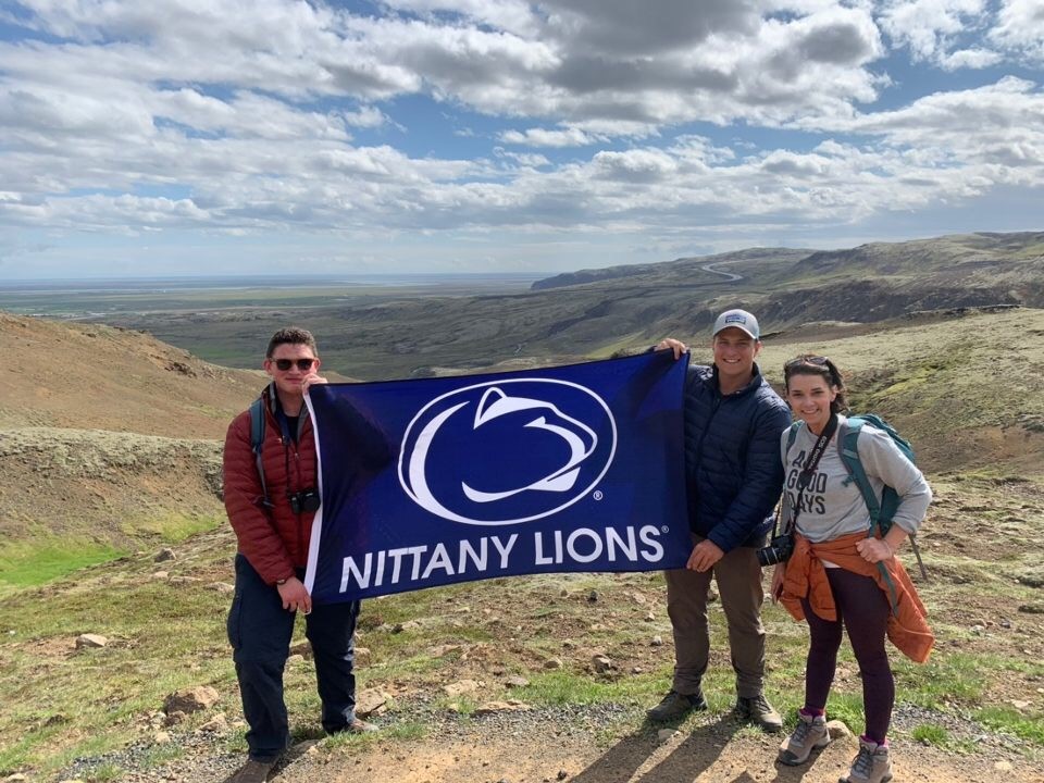 ESP student Kelli Dethomas, shown far right, stands with other Penn State Students on a scenic overlook in in Iceland